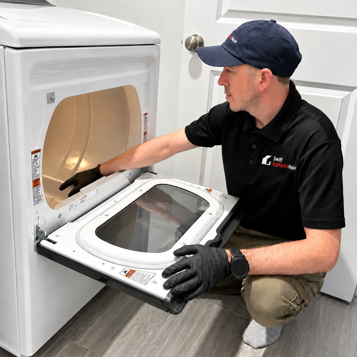 Dryer repair technician at work