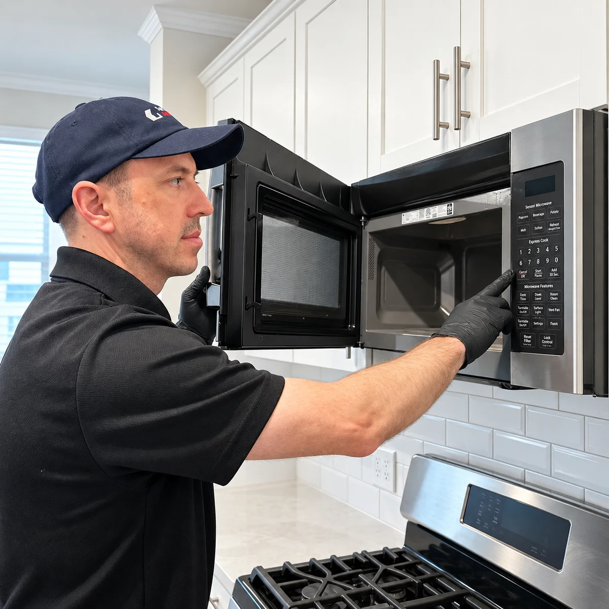 Microwave repair technician at work