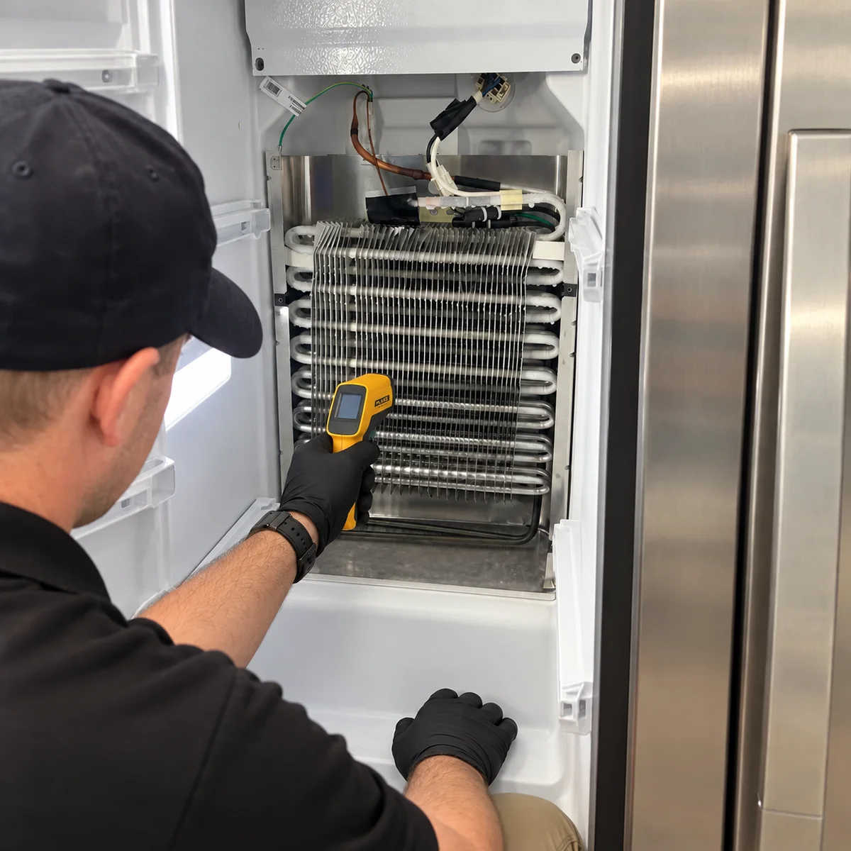 Technician repairing a refrigerator in a customer's home