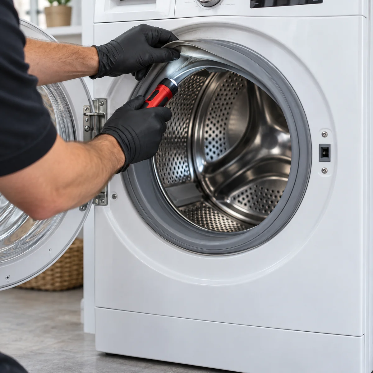 Technician repairing a washer in a customer's home